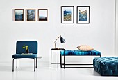 Furniture with slim frames and blue upholstery in white living room