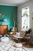 Arrangement of plants and green wall in retro living area of period apartment