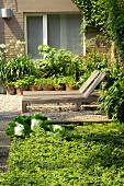 Wooden loungers on gravel terrace in garden with potted plants below window