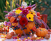 Hollow pumpkin as Vase Dahlia Dahlias, Calendula Marigolds, Physalis