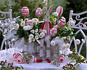 Bellis (white daisies), red and white painted Easter eggs