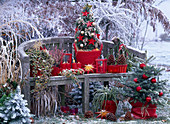 Gartenbank mit weihnachtlicher Deko: Hedera / Efeu, Calluna / Besenheide, Buxus