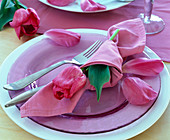 Tulipa (tulip) pinned to a loosely knotted napkin