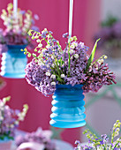 Syringa, Convallaria in hanging blue vases