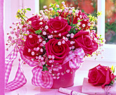 Bouquet of red rose, gypsophila, jasmine