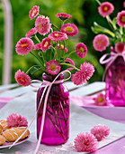 Bellis (Tausendschön) in kleiner lila Flasche, dekoriert mit rosa Band