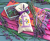 Lavandula, dried in bowl and fresh, fragrance bag
