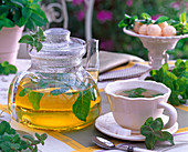 Mentha piperita (peppermint) tea in glass jug and cup