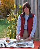 Pflege von Gartengeräten: Frau ölt Holzgriff von Spaten ein
