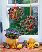 Fagus wreath with ribbons hung on the window