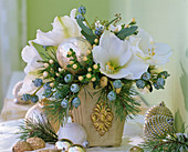 Bouquet of white Hippeastrum, Eucalyptus, Pinus