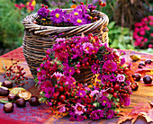 Wreath of aster, rose hips, Calluna, autumn leaves
