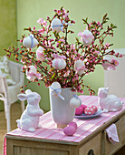 Easter bouquet of Prunus with Easter eggs with ribbon