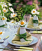 Table decoration with daisies in small bottles