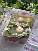Small wreath of Leucanthemum, grasses and floating candles