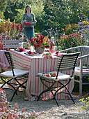 Tischdeko mit roten Blüten und Beeren