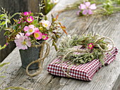 Small pink (wild roses) bouquet, grasses wreath