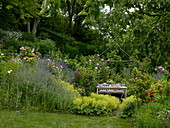 Seat under small pavilion in rose garden