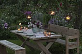 Rustic seating in the evening garden