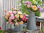 Tin bucket and jug of mixed pink (rose) from the garden