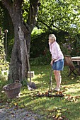 Woman raking up fallen apples and leaves together