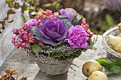Autumn arrangement with Brassica (cabbage), Dianthus (carnation)