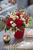 Red-golden Christmas Bouquet with Pink 'Orange Sky' (Rose), Ilex