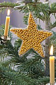 Homemade Christmas tree decorations made of corn and beans