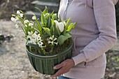 Woman carrying green spank basket with white flowering plants