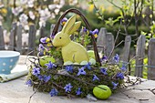 Easter nest with wooden rabbit made of moss wreath and birch branches