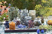 Gläser mit getrockneten Blüten und Blättern für Tee