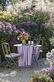 Colorful cottage's garden bouquet on the table at the aster bed
