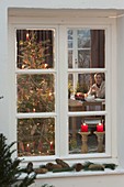 Blick von draußen ins weihnachtliche Zimmer mit Weihnachtsbaum