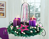 Ceiling Advent Wreath - Fir Branches, Cinnamon Stars, Baubles and Bast Stars