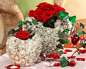 Heart vases with red roses, Hedera (ivy)