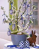Zierapfelbäumchen als Osterdeko mit blau-weißen Ostereiern geschmückt