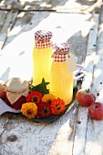 Posy of zinnias, home-made apple juice and jar of jam