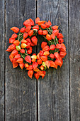 Wreath of moss and physalis on weathered wooden wall