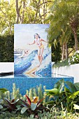 1950s mosaic with surfer over the pool in the garden