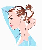 Close up of beautiful woman putting hair in ponytail