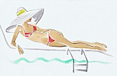 Frau mit großem Sonnenhut entspannt auf einer Sonnenliege am Swimmingpool