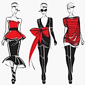 Three elegant fashion models side by side approaching camera wearing black and red