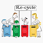 Family using paper, clothes, plastic and glass recycling bins