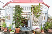 Conservatory and spring flowers on roof terrace