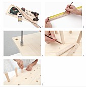 Instructions for making wall-mounted shelves from a wooden board and pegs