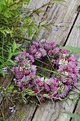 Wreath of clover flowers on weathered wooden surface