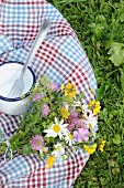 Checked picnic blanket, posy of wildflowers and enamel mug on lawn