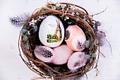 Vintage-style decorated Easter eggs and feathers in nest