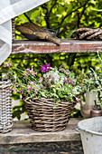 Bouquet of wildflowers in weathered wicker basket