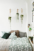 Plant hangers above bed with leaf-patterned bed linen